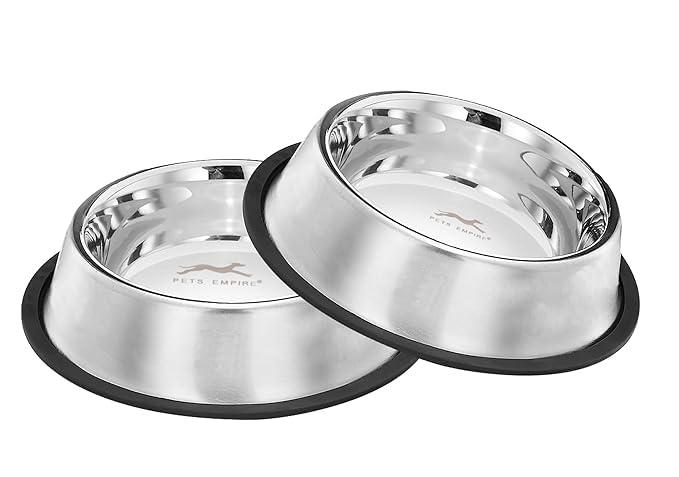 Pets Empire AntiSkid Stainless Steel Dog Food Bowl (400 Ml, Pack Of 2) | Durable Pet Feeding & Water Bowl For Dogs, Puppies, Ca