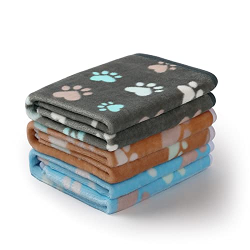 Luciphia 1 Pack 3 Blankets Fluffy Premium Fleece Pet Blanket Flannel Paw Printed Throw For Dog Cat(Small 23X16'', Grey/Brown/Blu