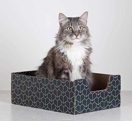 Purrfect Cat Box Lounger With Peek-A-Boo Cutout | Premium Corrugated Cardboard Cat Bed For Relaxation | Interactive Cat Box For Indoor Cats, Blue
