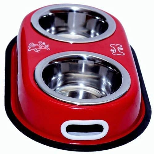 D&C Paws Stainless Steel Double Diner Dog And Cat Food Bowls With Anti Slip Mat (Color Red, 2X900 Ml)