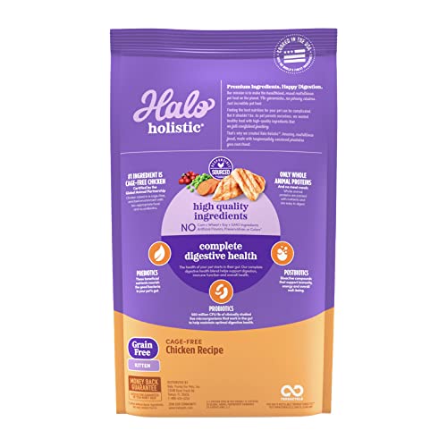Halo Holistic Kitten Food, Cage Free Chicken Recipe, Grain Free Dry Cat Food, Complete Digestive Health, 6 lb Bag