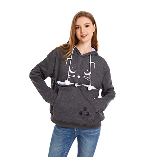 Unisex Hoodies Pet Holder Cat Dog Kangaroo Pouch Carries Pullover With Cat Printing Sweatshirt (Dark Grey, Xxl)