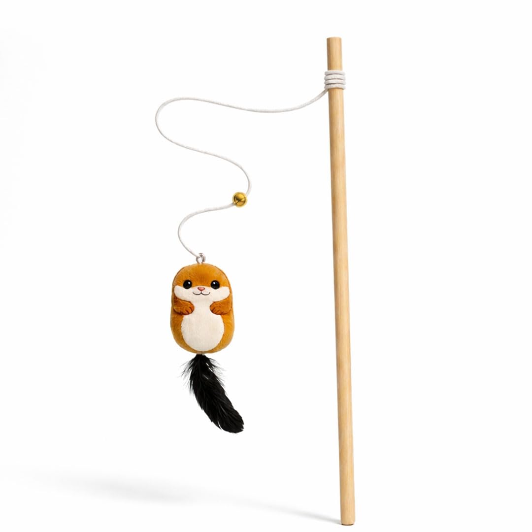 Mutt Of Course Squirrel Cat Stick Toy| Interactive Wand | Teaser Cat Toys | Feather Chase Fun