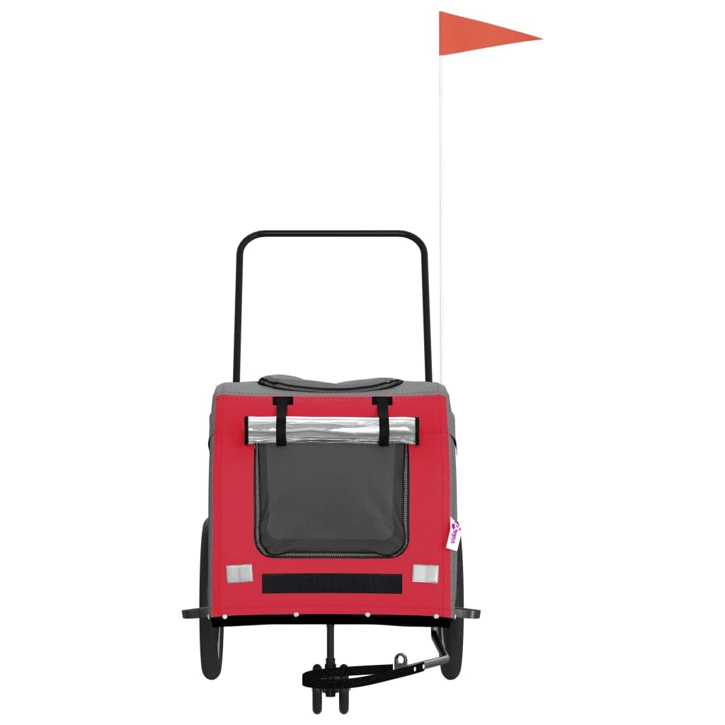 vidaXL Pet Bike Trailer Red/Gray - Oxford Fabric & Iron - 24.8 x 47.6 x 25.6 in - Mesh Windows, Reflectors, Safety Flag - Max Load 99 lbs