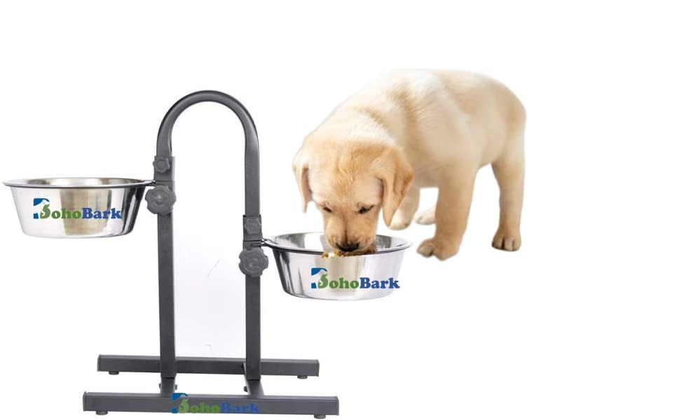 Bohobark Dog Feeding Bowl With Adjustable Stand, U Type Elevated Double Diner Set Of 2 Steel Bowl With Stand 750Ml X 2 Bowls