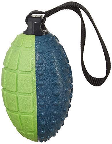 Pups&Pets Trp & Foam Twin Squeaky Bomb With Grooves And Grip Strap Holder Chew Toys For Dogs & Puppies Rugby With Strip  Color 