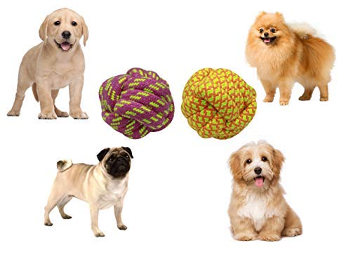 Psk Pet Mart Pet Toys Combo Of Purple Rope Ball + Yellow Rope Ball Toys For Chewing, Teething & Fetching For Dogs, Puppies & Cat