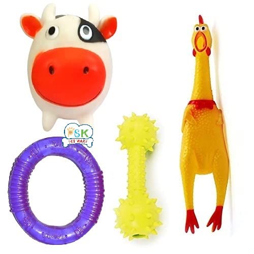 Psk Pet Mart Multicolor Medium Squeaky Chew Toys For Small Dogs  Cow, Hen, Ring, Bone (Pack Of 4)