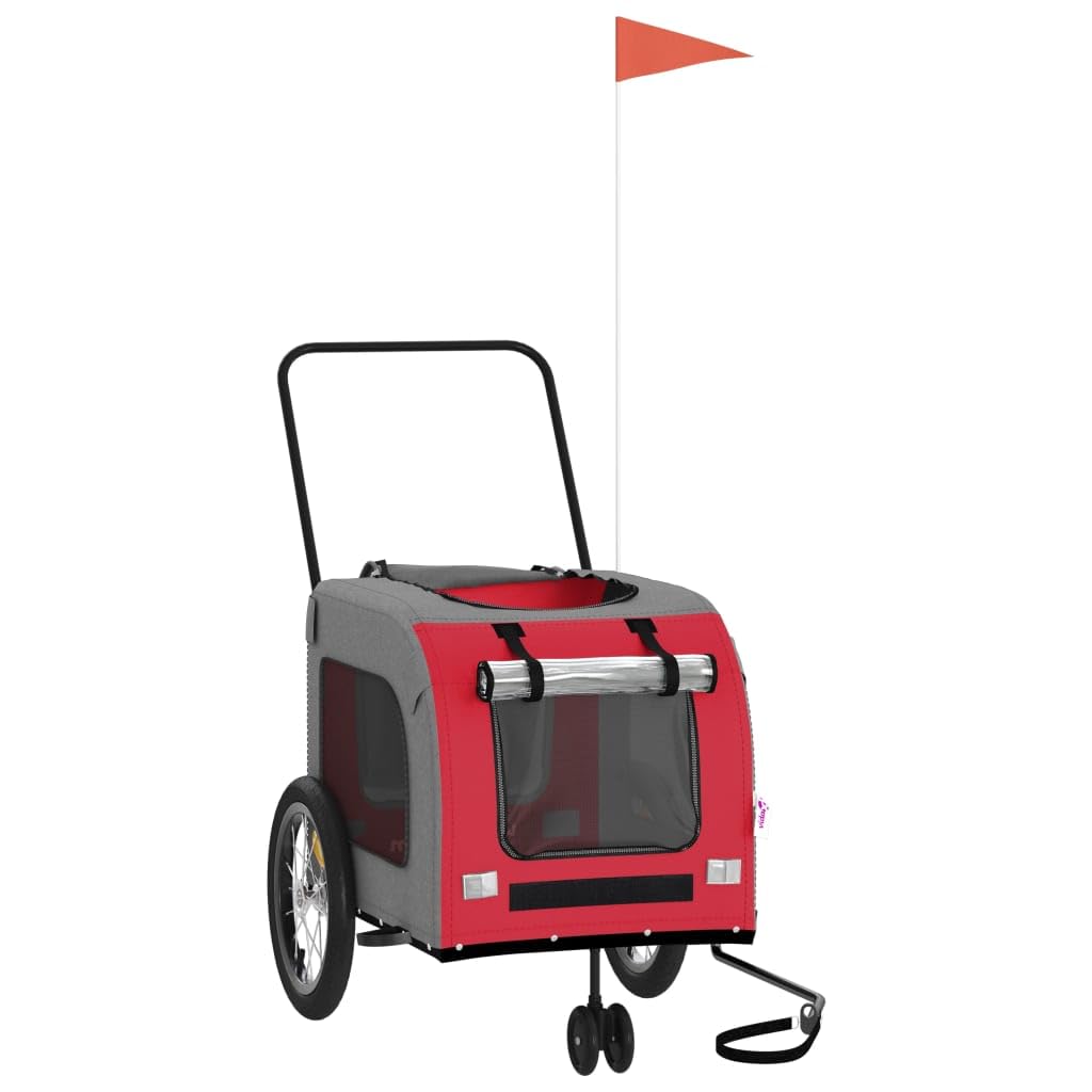 vidaXL Pet Bike Trailer Red/Gray - Oxford Fabric & Iron - 24.8 x 47.6 x 25.6 in - Mesh Windows, Reflectors, Safety Flag - Max Load 99 lbs