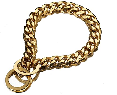 Rumypet Gold Dog Collar 18K Gold P Chain 11Mm/15Mm/19Mm Cuban Link Chain Collar Walking Trainning For Small Medium Large Dogs 12