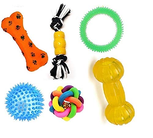 PSK PET MART Dog Chew Toys Combo of 6pcs Toys Rainbow Ball, Teether, 2 Knot Rope, Led Ball, Dumble Teether & Latex Toys Dog Toys