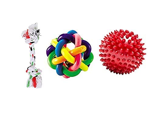 D&C Paws Durable Combo Of Cotton Rope Chew  Knotted Long Rope Toy/Rainbow Ball Toy/Rubber Spike Hard Ball Toy Set Ideal For Dog