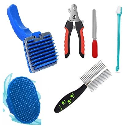 Smart Pups Dog Grooming Kit For Dogs Rubber Brush Blue Slicker Nail Cutter With Fyler Teet Brush Double Side Comb Combo Of 6 Pcs