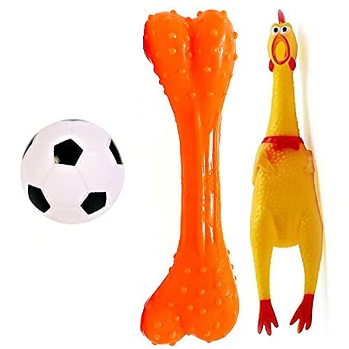 Psk Pet Mart Dog & Puppy Rubber Chew Toys Combo Football, Silicon Dumbbell, Squeaky Chicken Small (Pack Of 3 Pcs)