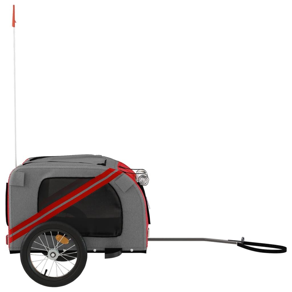 vidaXL Pet Bike Trailer for Small Dogs - Red/Gray Oxford Fabric Bicycle Pet Carrier with Iron Frame, Mesh Windows, Zippered Doors, Safety Flag, and Reflectors - Comfortable and Secure Pet Transport