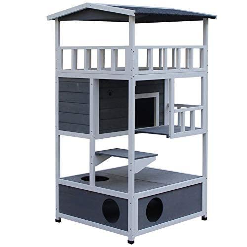 Pawhut Wooden Outdoor Cat House, Feral Cat Shelter Kitten Condo With Asphalt Roof, Escape Doors, Condo, Jumping Platform, Grey