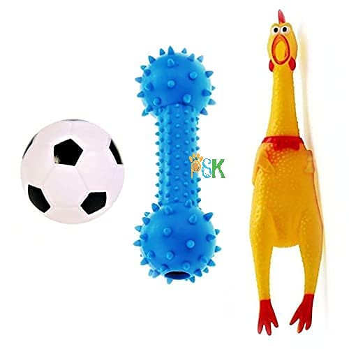 Psk Pet Mart Dog & Puppy Rubber Chew Toys Combo Football, Silicon Dumbbell, Squeaky Chicken (Large) (Pack Of 3 Pcs)