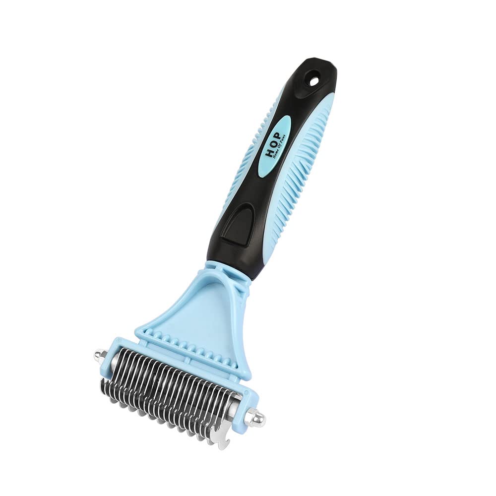 Hop 2 Sided Pet Grooming & Deshedding Brush Undercoat Rake For Cats & Dogs Safe Dematting Comb For Mats Tangles Removing Home Of Paws