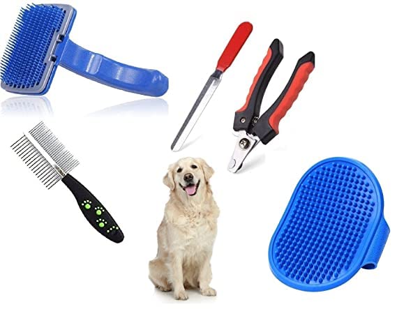 Dog Trust Pet Grooming Kit  Pet Slicker +Hair Comb + Nail Clipper + Bath Gloves Grooming Kit For All Breeds Dog