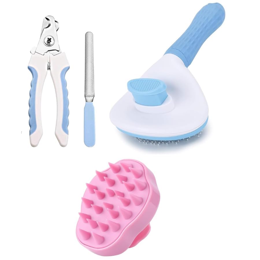 Kittupet Pet Grooming Combo Of Nail Clipper And Slicker Brush Head Massager For Dogs And Cats (Nail Clipper + Oval Push Slicker+