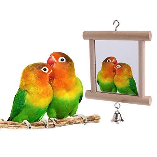 Bird Mirror Wooden Hanging Swing Interactive Play Toys For Small Parrot Budgies Macaw African Grey Parakeet Cockatiel Conure Lovebird Cage Accessories (Bird Mirror With Bell-One)