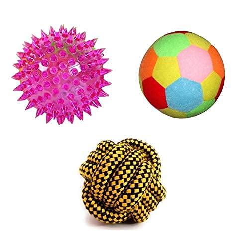 Woofy Combo Of 3 Durable Puppy & Small Dogs Ball Toy Combo, Rope Ball Toy, Rattle Ball, Led Teething Ball Toy (Combo Of 3)