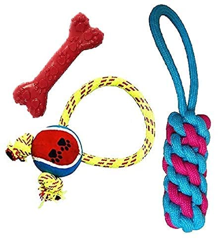 Dog Trust Combo Of 3 Durable Cotton + Rubber Toys Pet Teething Cleaning Chewing Biting Knotted Chew Toys For Small Puppy 100% N