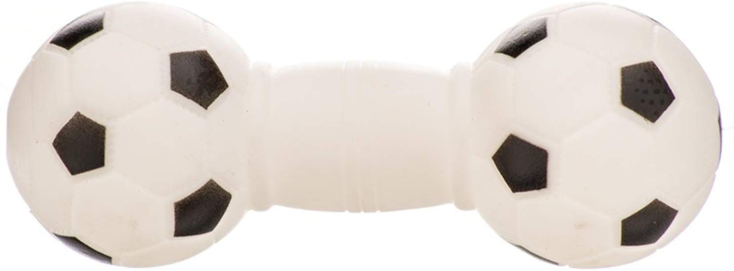 Psk Pet Mart Natural Rubber Football Print Dumbbell Squeaky Fun Toy For Puppy Rubber Squeaky Toy For Dog 1 Pcs