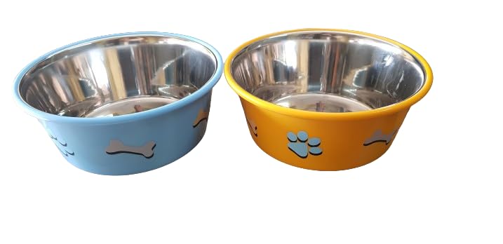 Set Of 2 Elton Paw & Bone Cutie Bowls (Yellow & Blue) Export Quality Inside Stainless Steel Outside Colorful Plastic Dog Feeding