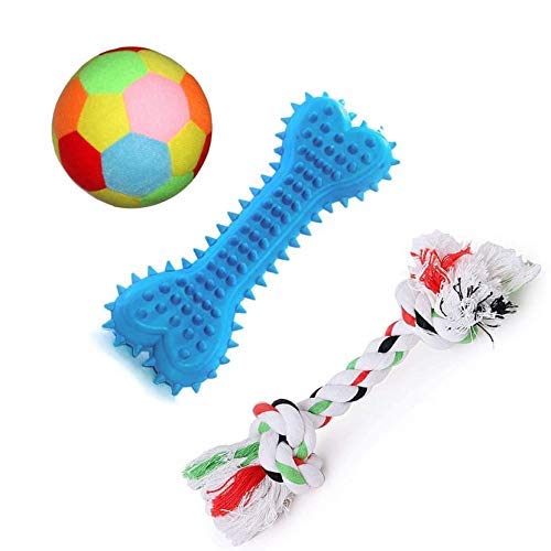 Woofy Training Toy Set With Ball And Rope For Puppy/Dog  Set Of 3 (Rattle Ball + 2 Knot + Spike Bone)
