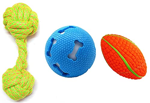 Psk Pet Mart Toys For Dog And Puppy  Combo Of 31 Rugby Design Squeaky Toy, 1 Rope Toy And 1 Squeaky Ball Toy, Color May Vary