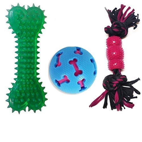 Psk Pet Mart Puppy Squeaky Ball Spike Bone Toy Two Knot Teething Rope Toy Dog Toys Chew Toys Puppy Toys (Pack Of 3)