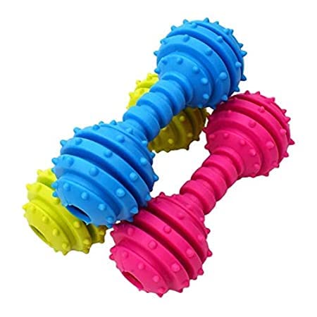 Pups&Pets NonToxic Soft Natural Rubber Squeaky Spiky Dumbbell With Bell Chew Toys For Aggimpssive Chewers Dental Teething Clean