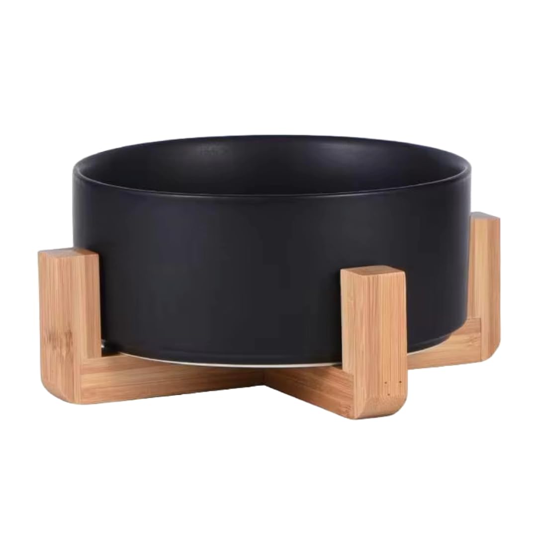 Urban Pet Gallery Elevated Ceramic Pet Bowl For Cats And Dogs With Wooden Stand (Black, Medium)