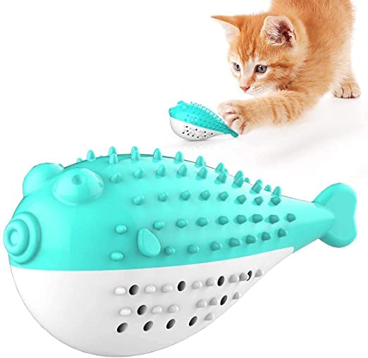 Pups&Pets Pufferfish Shape Cat Molar Stick Teeth Cleaning Dental Care Cat Toothbrush Toy Interactive Durable Cat Chew Toy With C