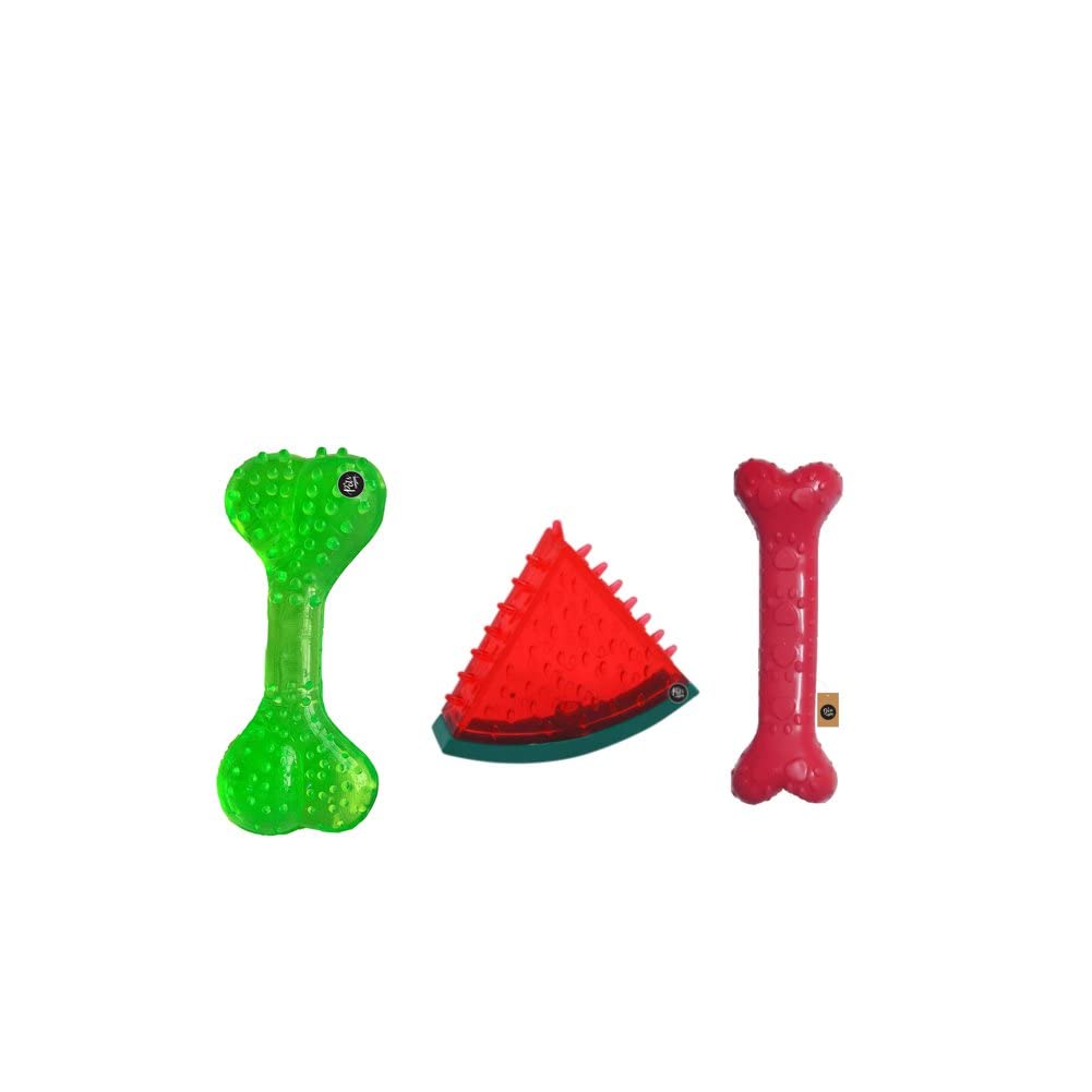The Pets Company Rubber Dog Chew Toy Combo (Tpr Dog Bone 6Inch + Rubber Bone 6Inch+ Squeaky Watermelon Dog Toy 6Inch) | Teething Toys For