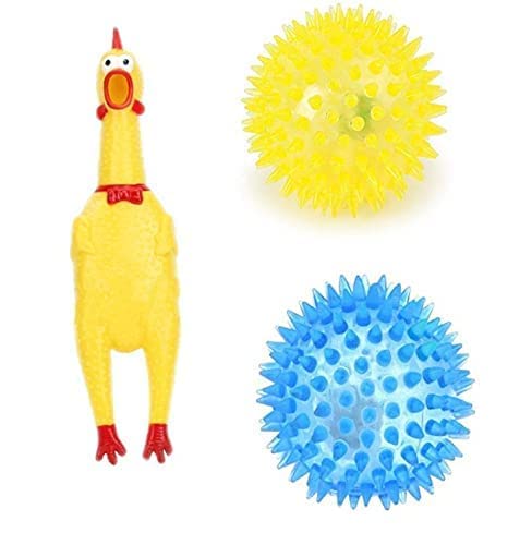 Pups&Pets Dog Cat Toy Chicken Sound Rubber Screaming Chicken Squeaker Chew Toy and LED Light Bouncy Balls Combo Pack (1 Small Ch