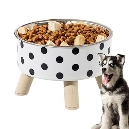 Jukkre Stainless Steel Raised Dog Bowl  Small Dog Feeder With Polka Dot Ceramic Base And Wooden Stand  Easy To Clean, Stable, 