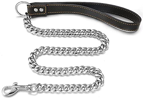 Aiyidi Dog Chain Leash, Stainless Steel Metal Link Training Leash Width 11/15Mm Length 3/4/5Ft Silver Cuban Chain, With Genuine Leather Padded Handle, For Large/Medium/Small Dogs (15Mm, 5Ft)