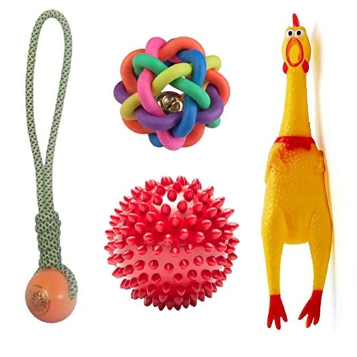 Kspups Durable And Natural Combo Pack Of Plastic Handle Ball/Squeaky Hen Big/Rainbow Ball/Rubbber Ball Ideal For Playing And Tra