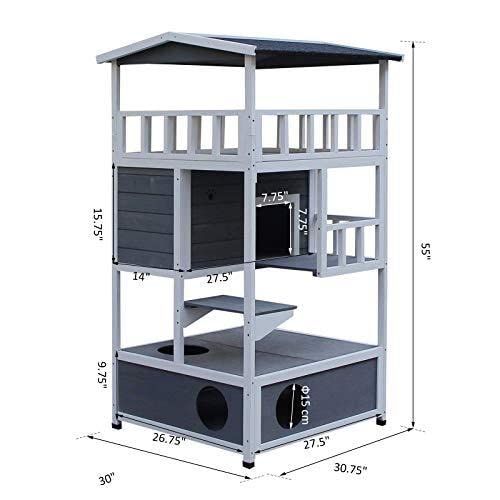 Pawhut Wooden Outdoor Cat House, Feral Cat Shelter Kitten Condo With Asphalt Roof, Escape Doors, Condo, Jumping Platform, Grey