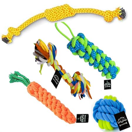 Blackdog Rope Dog Toys Combo Pack Of 5 Chewing Teething Fetching Durable Toys For Puppies And Small To Medium Dogs (2Knot + Corr