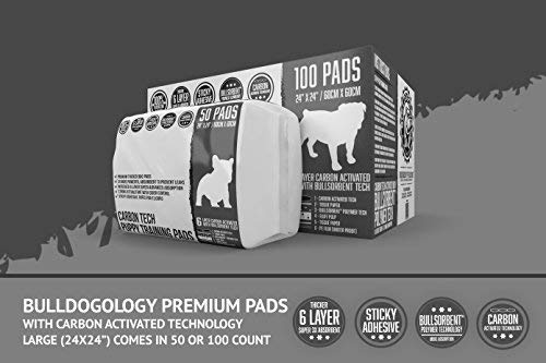 Bulldogology Puppy Pee Pads - 24x24 Charcoal Housebreaking Pads with Adhesive - 50-Count, 6 Layers, Quick Dry Technology
