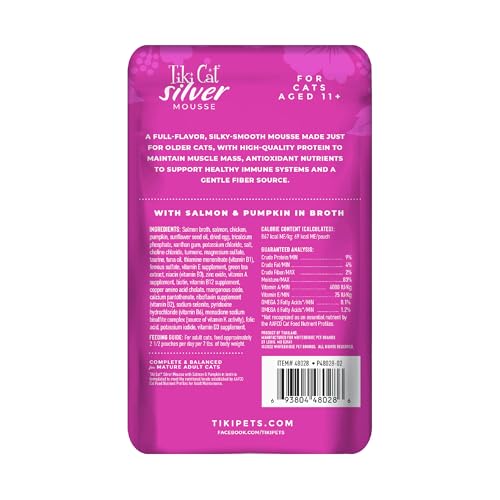 Tiki Cat Silver Mousse, with Salmon & Pumpkin in Broth, Silky Smooth Nutrient Rich Formulated for Older Cats Aged 11+, 2.9 oz. P