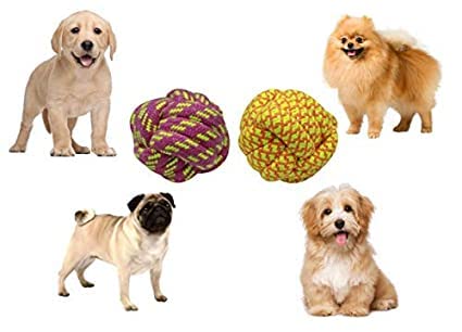 Woofy Pet Toys Combo Of 2 Purple Rope Ball + Yellow Rope Ball Toys For Chewing, Teething & Fetching For Dogs, Puppies & Cats
