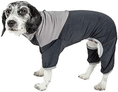 Pet Life  Active Embarker Heathered Performance 4Way Stretch Twotoned Full Body Warm Up, Black/Grey  Small