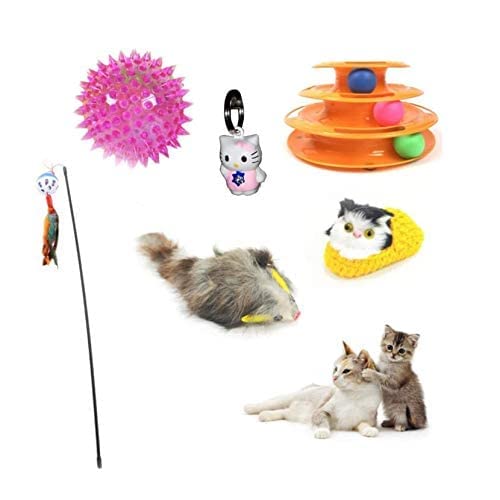 Woofy 6 In 1 Cat Toys Kitten Toys Premium Combo  Cartoon Bell|Tower Of Track|Cat Stick|Led Ball|Plush Mouse Toy|Cat In Socks So