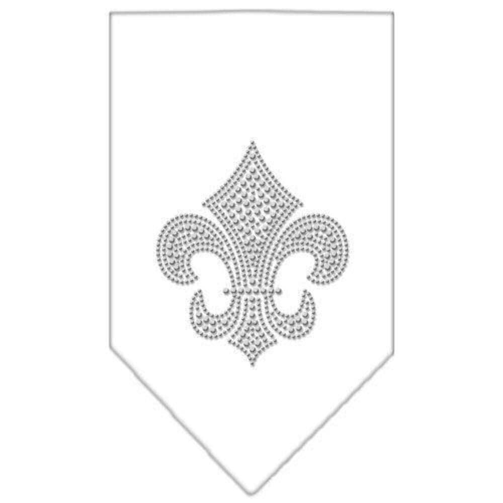 Pet and Dog Bandana Rhinestone, "Silver Fleur De Lis" White Small
