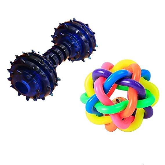 Psk Pet Mart Combo Pack Of Hard Spike Dumbbell Bone And Jinglebell Inside Colorful Knot Chew Toy Ball For Dogs And Cats