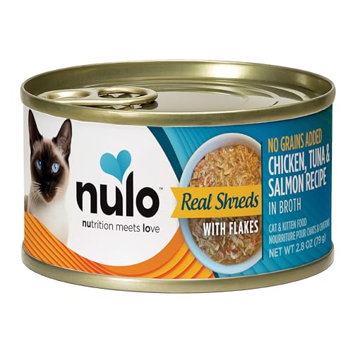Nulo Grain-Free Real Shreds with Flakes Wet Canned Cat & Kitten Food, Chicken, Tuna, and Salmon in Broth, 2.8 Ounce, 12 Cans